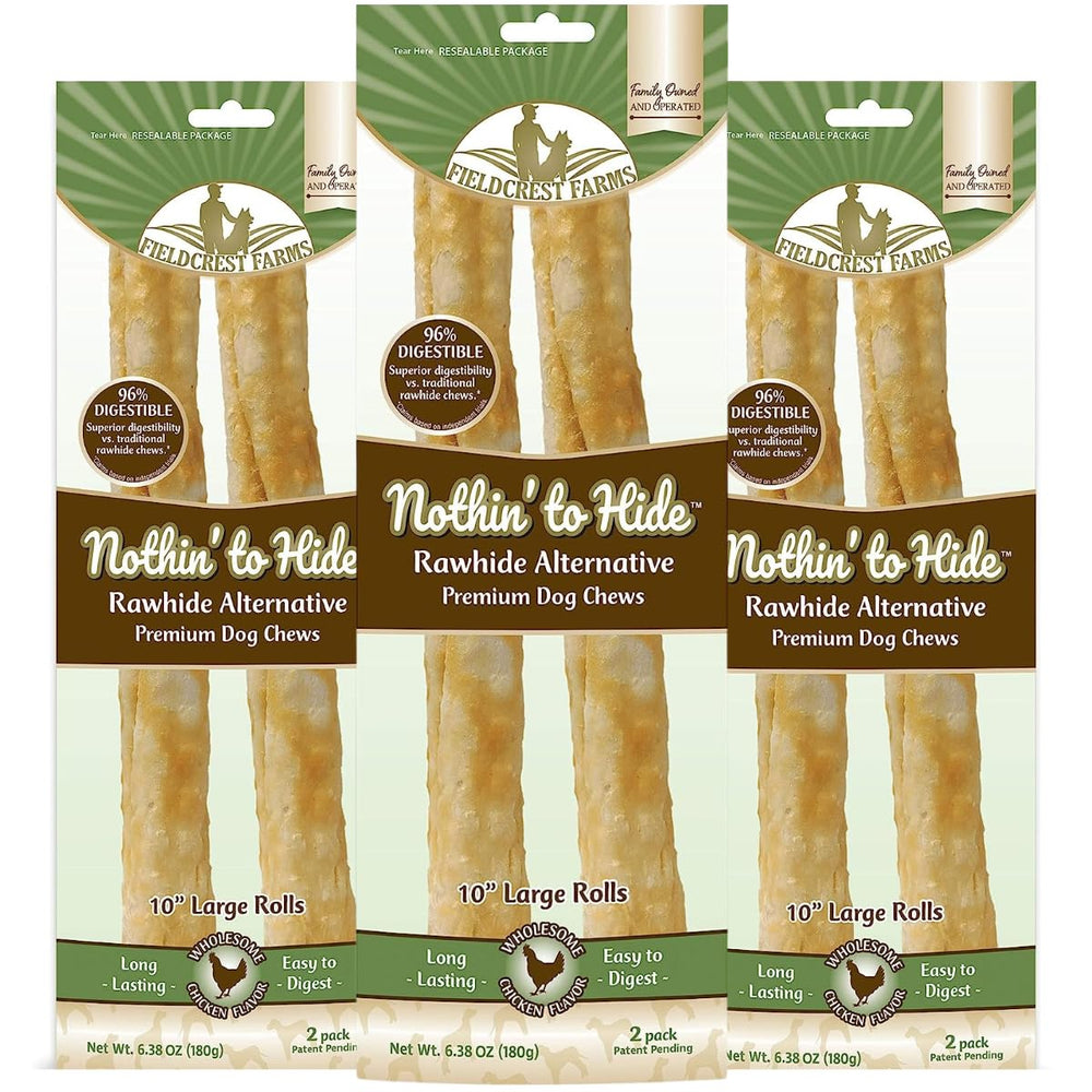 Fieldcrest Farms Nothing to Hide pack front shows 10-inch chews for dental-friendly enjoyment