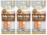 Fieldcrest Farms Nothing to Hide Rolls 3-pack packaging for dogs promoting easy chewing.