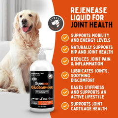 Finest For Pets liquid glucosamine bottle label highlights extra-strength ingredients