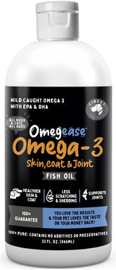 Finest For Pets Omegease bottle front shows 32 oz size for skin and coat support.
