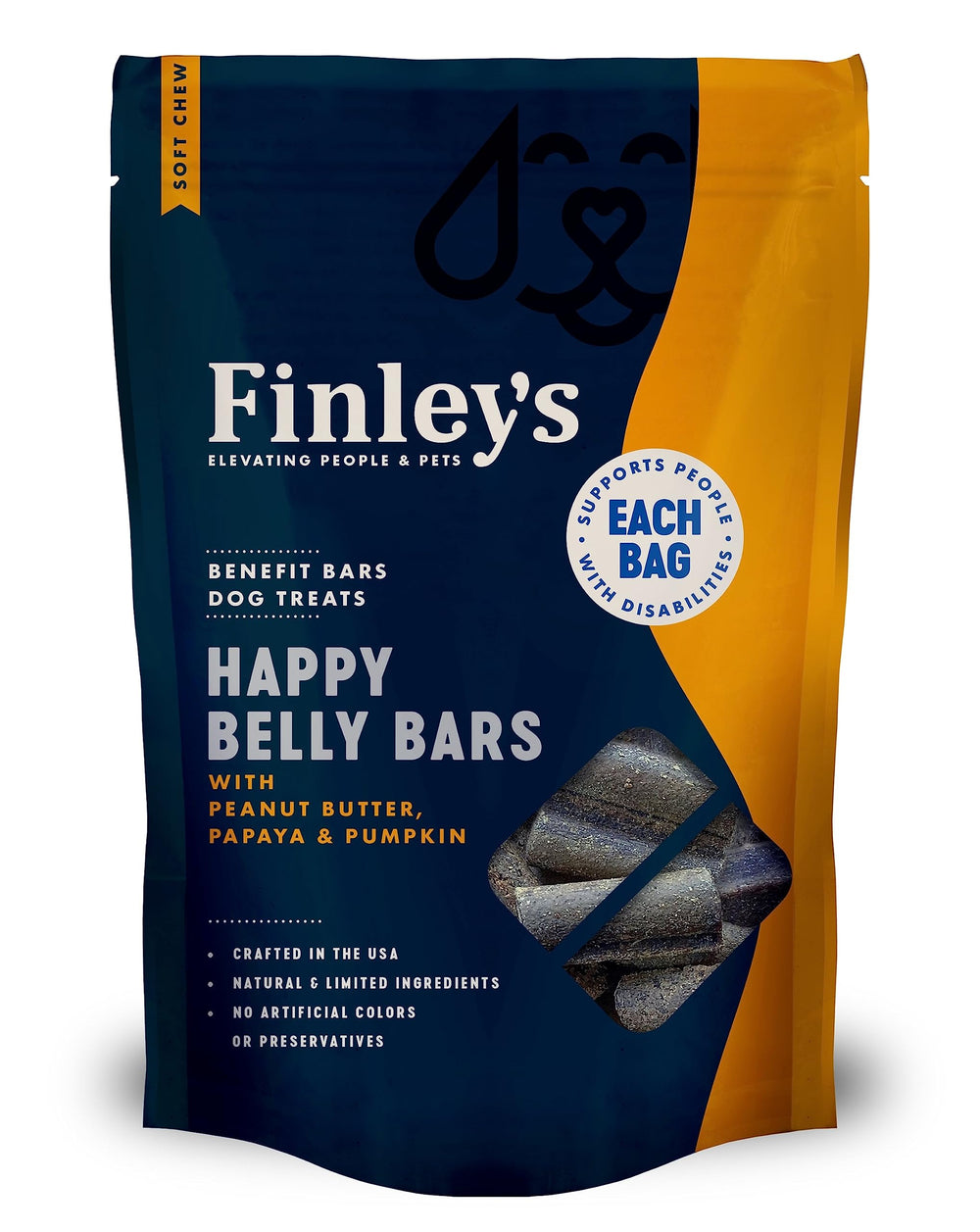 Finley's Happy Belly Soft Chew Bars pack shows easy-to-portion treats for dogs of all sizes.