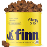 Finn Allergy & Itch for Dogs bottle label highlights immune support and seasonal care.