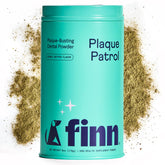 Finn Dental Powder for Dogs bottle shows easy daily use for fresh breath and gum support.