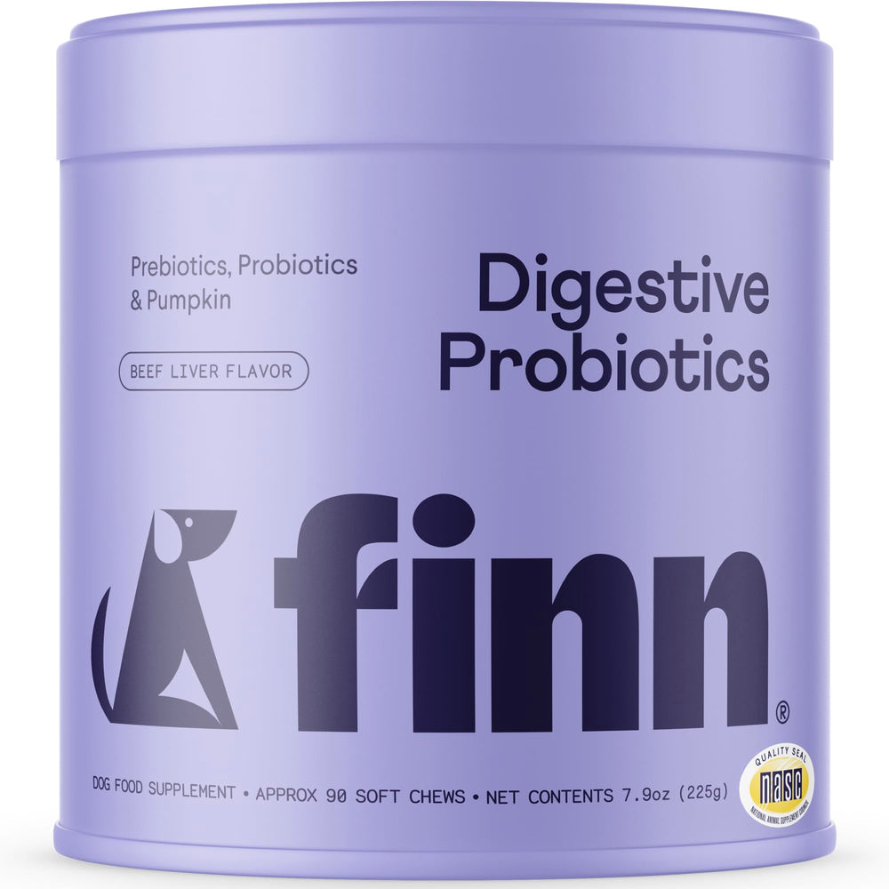 Finn Digestive Probiotics dog bottle front shows NASC seal and gut health support.