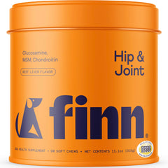 Finn hip-joint soft-chews bottle demonstrates daily mobility support for dogs