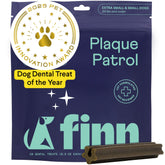Finn Plaque Patrol dental chews packaging shows XS-S size for easy dental care.