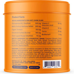Finn turmeric-greenlip-mussel dog supplement imagery emphasizes mobility and tissue health