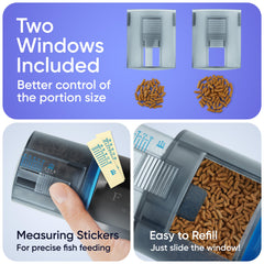 FISHNOSH automatic feeder refill window open enables quick, spill-free topping.