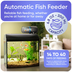 FISHNOSH automatic feeder side view, works with small and large tanks.