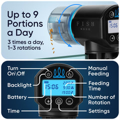 FishNosh feeder blue timer display enables easy daily scheduling.