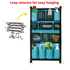 FITLANCE teal door caddy shows pockets for quick-access grooming items.