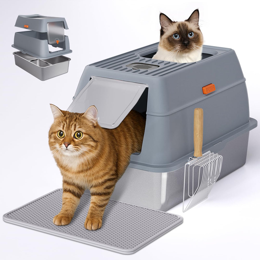 Fitrobust stainless steel litter box front view with dual-entry design for versatile use