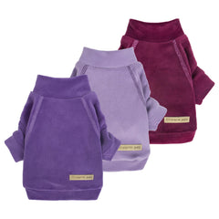 Fitwarm 3-pack classic fleece dog sweater purple back view shows cozy warmth for small dogs.