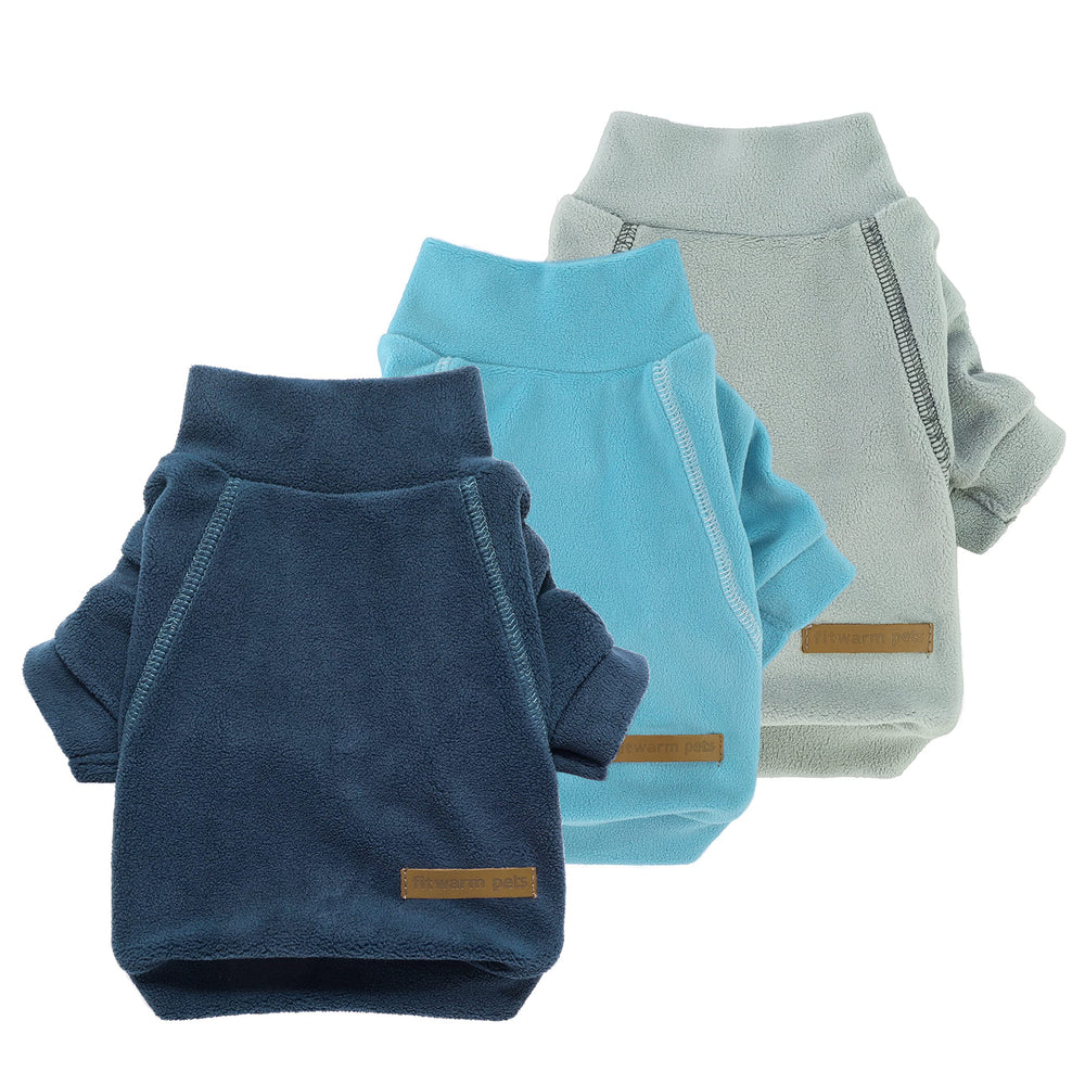Fitwarm 3 Pack Classic Fleece Sweater blue dog front view helps keep small pets warm on walks
