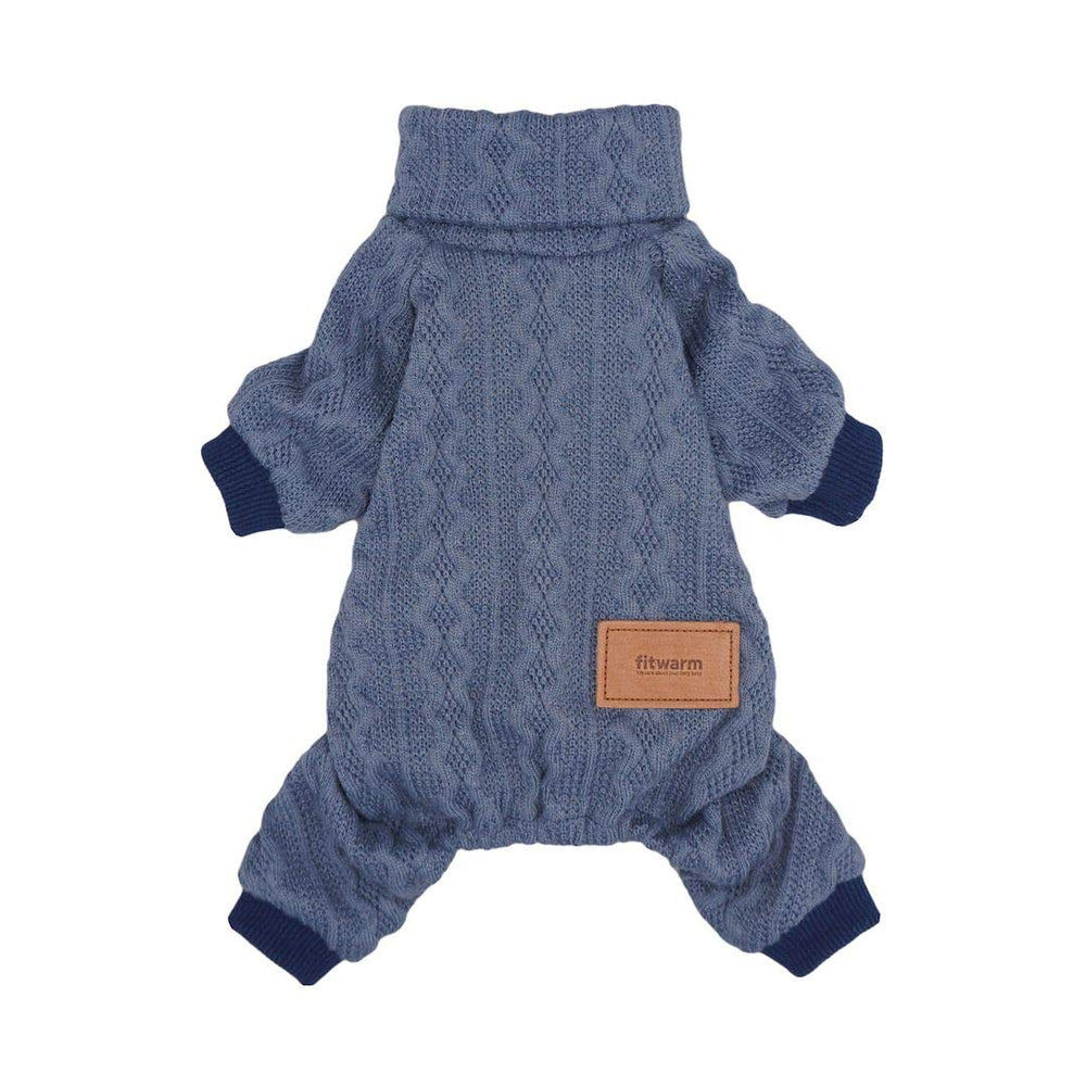 Fitwarm blue turtleneck knitted dog sweater front view for warm winter walks.