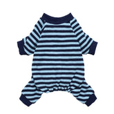 Fitwarm blue and white striped dog pajamas back view for cozy all-season wear