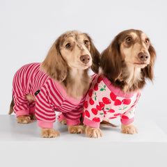 Fitwarm pijama-perro-cereza-con-pies, diseño completo para abrigo suave.