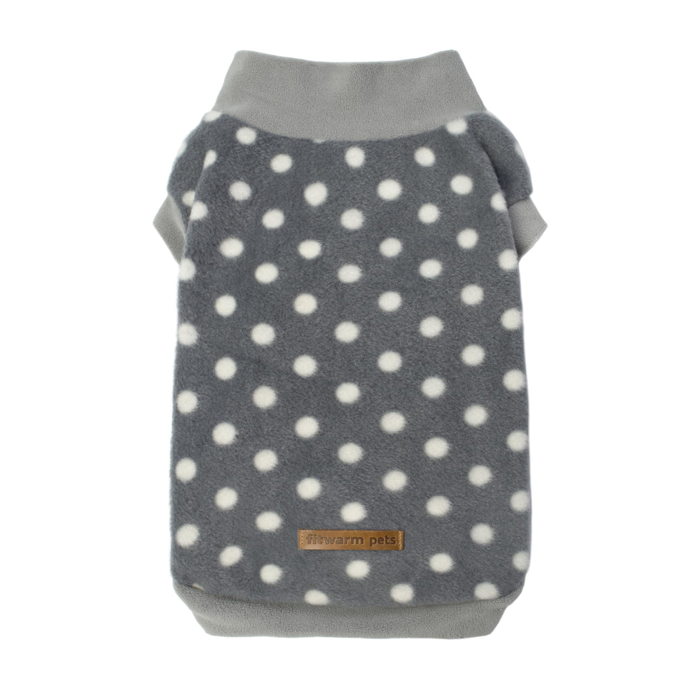 Fitwarm polka dot fleece sweater on a small dog promotes warm comfortable walks