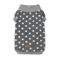 Fitwarm polka dot fleece sweater on a small dog promotes warm comfortable walks
