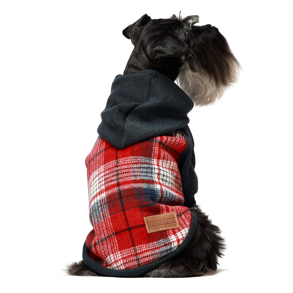 Fitwarm Tartan Plaid Dog Hoodie front view shows cozy knit warmth for small dogs