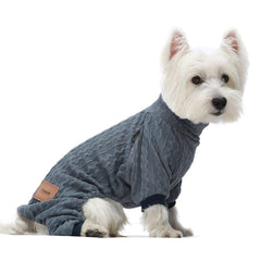 Fitwarm turtleneck knitted dog sweater blue back view highlights warm, snug winter wear