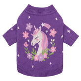 Fitwarm unicorn dog sweater front view in purple, cozy warmth for small dogs