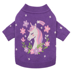 Fitwarm unicorn dog sweater front view in purple, cozy warmth for small dogs