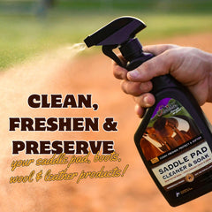 5 STAR EQUINE Saddle Pad Cleaner spray-action demonstrates easy application