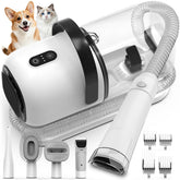 FIXR dog grooming vacuum showing 12000Pa suction capturing loose fur during grooming