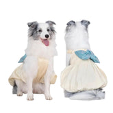 FLAdorepet large dog princess dress with white fabric and blue bow for elegant festive wear.