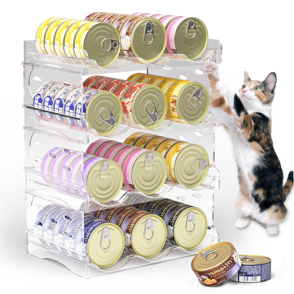Flenpptly four-tier cat can organizer assembly with sturdy clear shelves for easy stocking