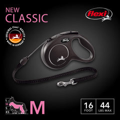 flexi New Classic cord-retractable leash one-handed brake for quick stops.