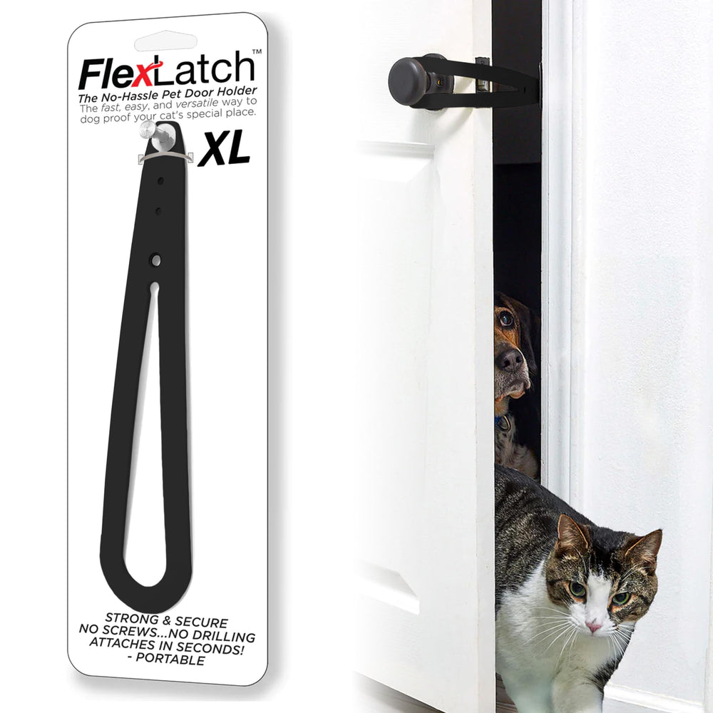 FlexLatch Cat Door Holder Latch front view with easy one-piece installation.