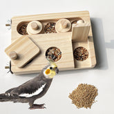 FlidRunest wooden bird foraging toy close-up showcases natural grain for mental enrichment.