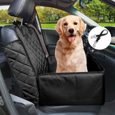 Flow.month pet front seat cover installed in car protects seats from fur and dirt