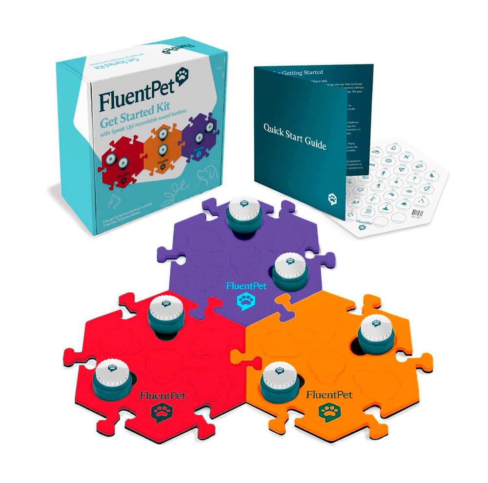 FluentPet Speak Up kit buttons on desk for clearer pet communication.