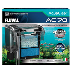 Fluval AC70 filter front view shows compact design for reliable tank filtration.