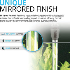 Fluval mirror-technology tank view highlights discreet heater blending with décor.