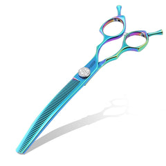 FOGOSP curved thinning shears 7.5-inch blue-green for efficient thinning and natural curves.