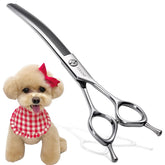 FOGOSP curved thinning shears closeup blade showing 66 V-teeth for even texturing.