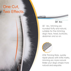 FOGOSP curved thinning shears in action for fluffy, blended coat during grooming.