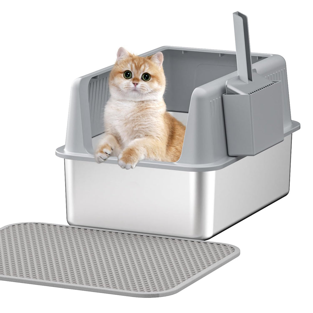 Fooalgo stainless steel litter box front view shows durable containment and easy cleaning.