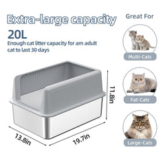 Fooalgo stainless steel litter box top view highlights generous capacity and high walls.