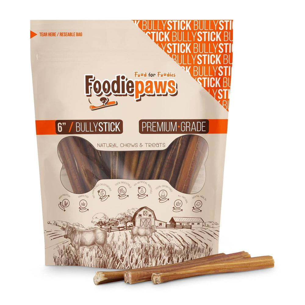 FOODIEPAWS 6-inch jumbo bully stick for dogs; long-lasting engagement for power chewers