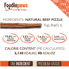 FOODIEPAWS grass-fed beef bully stick close-up; premium single-ingredient chew