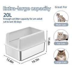 Fooalgo stainless steel litter box lid XL, side angle showing durable build and easy cleaning.