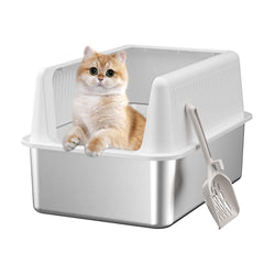 Fooalgo stainless steel litter box lid XL, top view, high sides for privacy and odor containment.