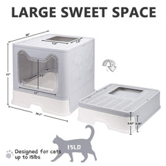 Fophop litter box front-entry top-exit design facilitates easy cat entry and exit.