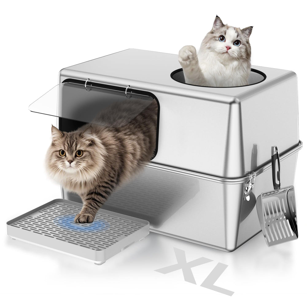 FOPUNB stainless steel litter box with dog-proof enclosure keeps dogs out and cats secure.