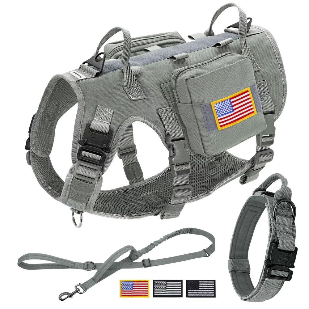 Forestpaw tactical dog harness gray front view shows secure all-day wear for hiking